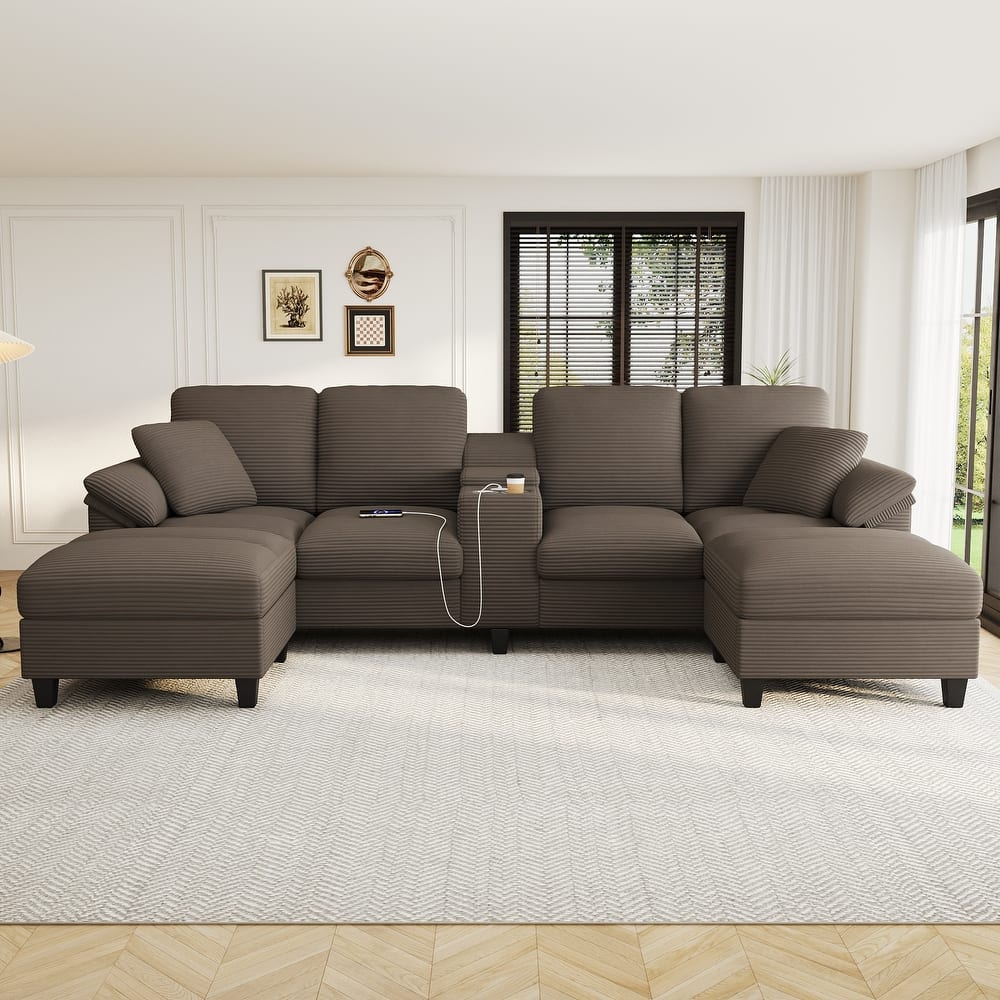 Corduroy Upholstered 4 Seat Sofa, U-shaped Sectional Sofa with Movable Storage Ottomans, Console, Cup Holders and USB Ports