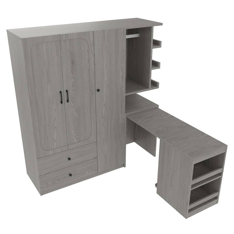 Bedroom Armoire, Wooden Wardrobe Cabinet and Foldable Desk Into One Multifunctional Unit