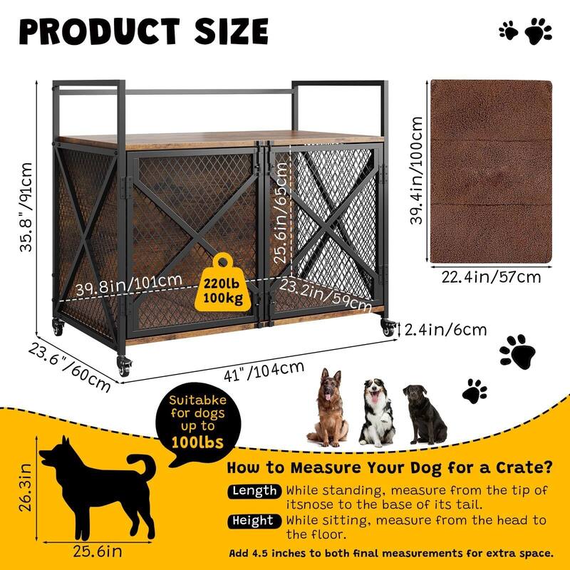 Dog Crate Furniture, with Lockable 360° Wheels