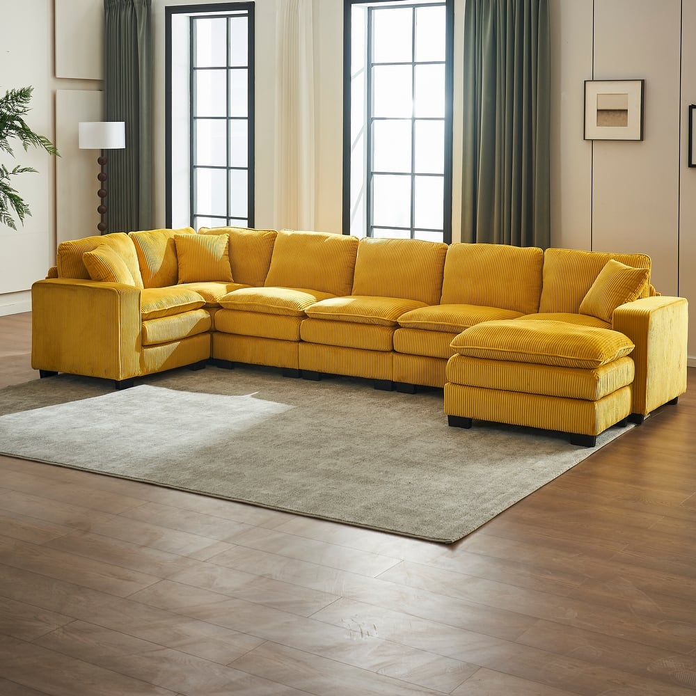 Modular Sectional Sofa for Living Room, U Shaped Sofa Couch with Ottoman and Three Toss Pillows, Corduroy Fabric Sofa Set