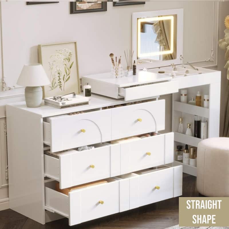 KISRAIS Vanity Desk with Mirror, Lights, and Flip-Top Tabletop