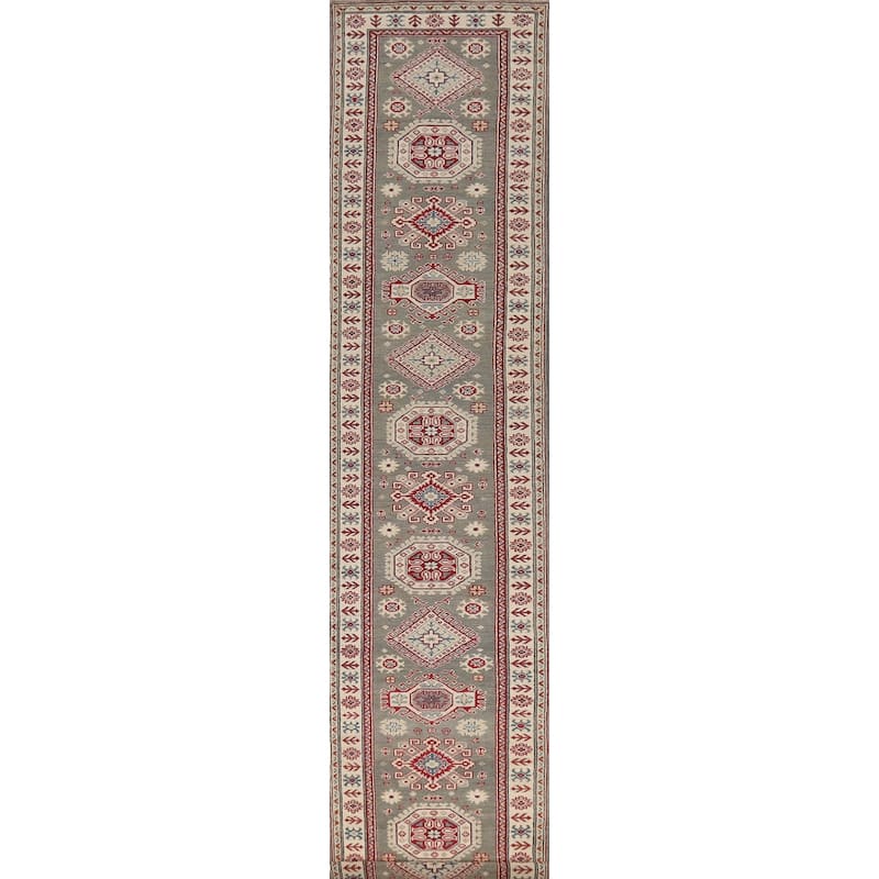 Geometric Kazak Runner Rug Handmade Oriental Grey Wool Carpet - 2'7" x 16'3"