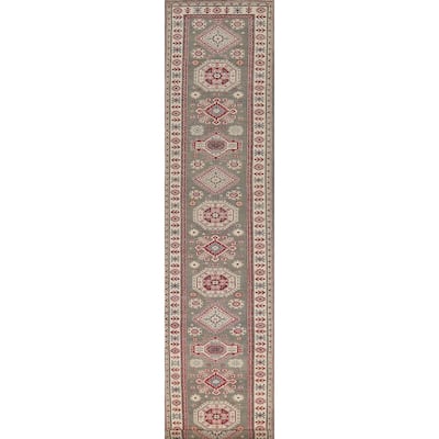 Geometric Kazak Runner Rug Handmade Oriental Grey Wool Carpet - 2'7" x 16'3"