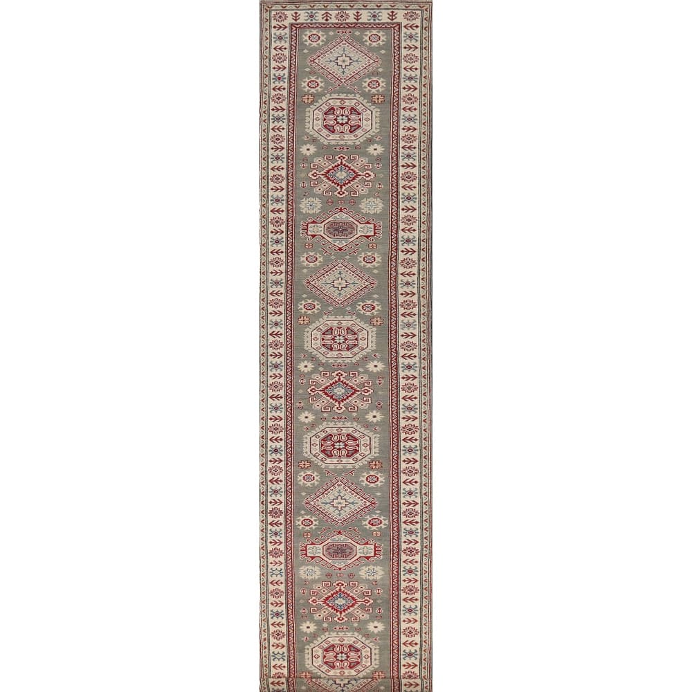 Geometric Kazak Runner Rug Handmade Oriental Grey Wool Carpet - 2'7" x 16'3"