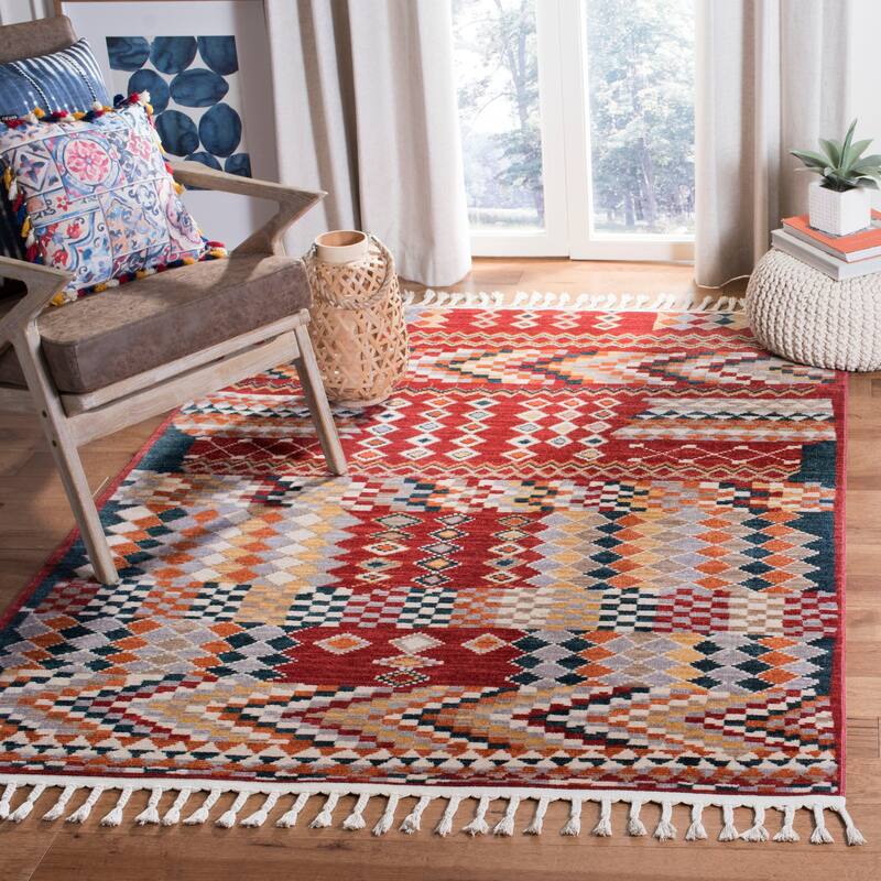 SAFAVIEH Farmhouse Avine Boho Tribal Polyester Rug - 9' x 12' - Navy/Red