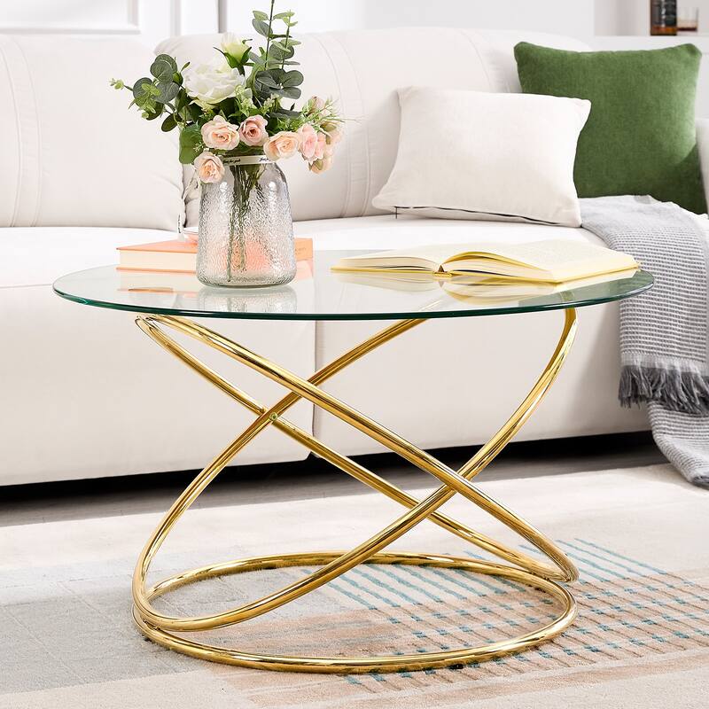 Tempered Glass Top Round Coffee Table with Metal Base - 31.5"Dia Top x 17.7"H x 23.6"Dia Base