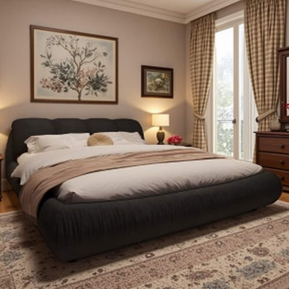 King Size Upholstered Bed Frame with Extra-Wide Cushioned Headboard, Solid Pine Slats & Adjustable Mattress Height