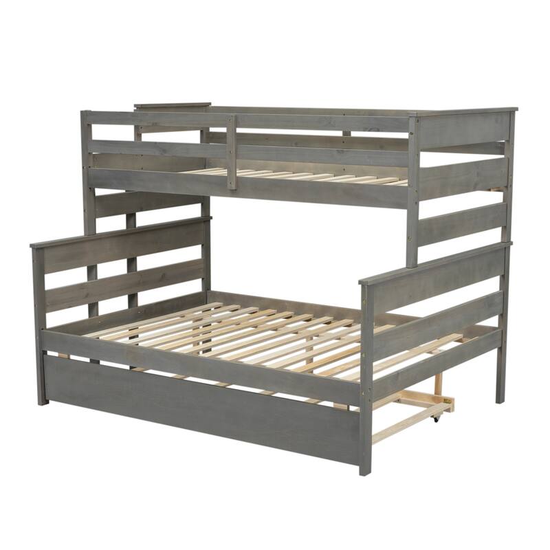Wood Twin over Full Bunk Bed with Twin Size Trundle and Guard Rails