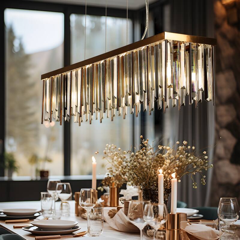 Modern Gold 7-Light Crystal Chandelier Rectangle Island Lights for Kitchen Island