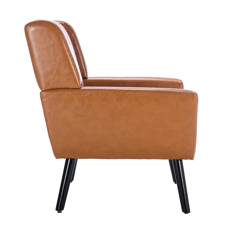 PU Leather Upholstered Accent Chair, Ergonomic Reading Side Chair, Single Sofa Chair with Curved Back & Wood Legs