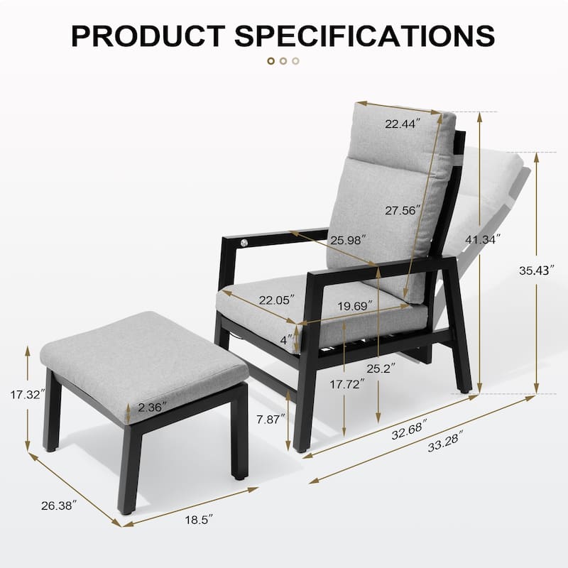 Aluminum Adjustable Back Patio Lounge Chairs and Ottoman with Cushion for Outdoor Indoor - See Picture