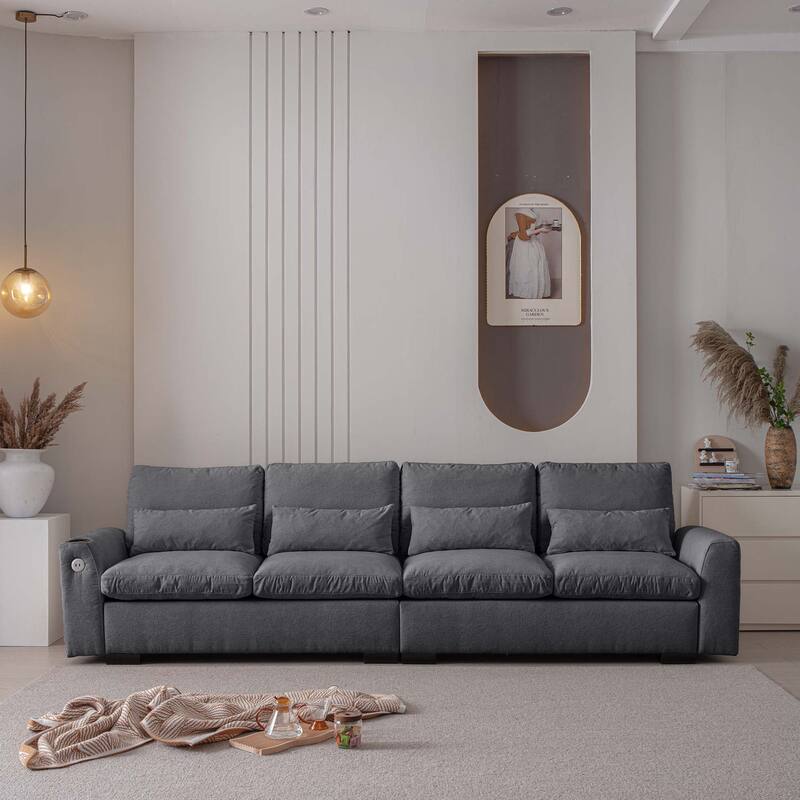 114.5"Modern L Shaped Chenille Sofa with Ottoman and USB Ports - Dark Gray