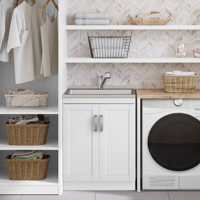 WYNDENHALL Lindor Transitional Laundry Cabinet with Faucet and Sink - 28" W 34" H x 19" D - White
