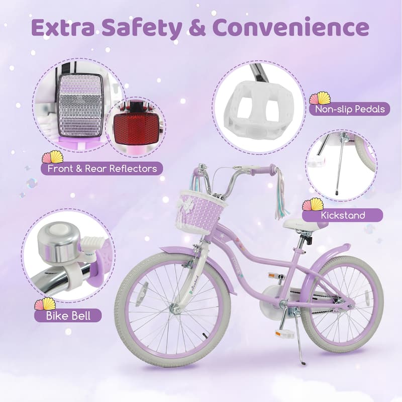 Gymax 20'' Girls Bike w/Removable Basket Streamers Hand Brake &