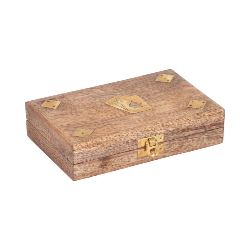 Sagebrook Home's Mango Wood and Brass 7x5 Cards & Dice Box - Artisan Crafted, Brown, Ideal for Home Entertainers - 7" x 5" x 2"