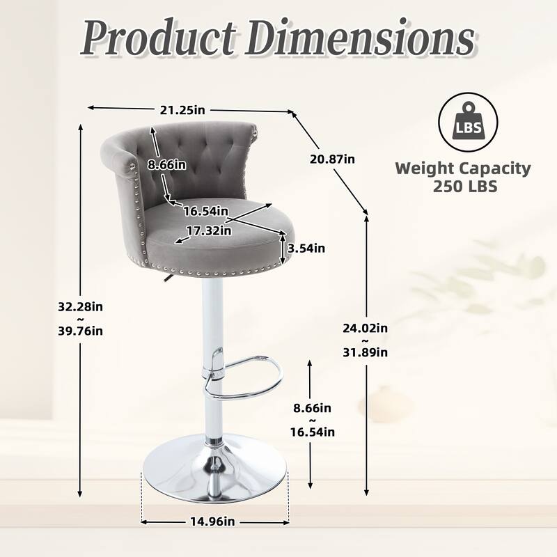 Adjustable Velvet Swivel Bar Stools with Metal Leg (Set of 2)