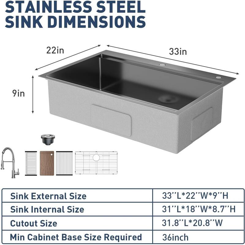 33"X22"X9" Undermount Kitchen Drop In Sink for Easy Installation with Faucet, Black