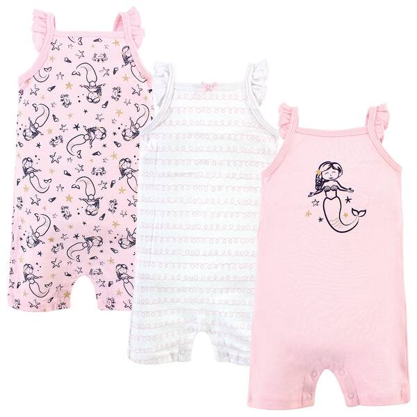 slide 1 of 1, Hudson Baby Infant Girl Cotton Rompers 3pk, Pink Mermaid 0 - 3 Months - Pink