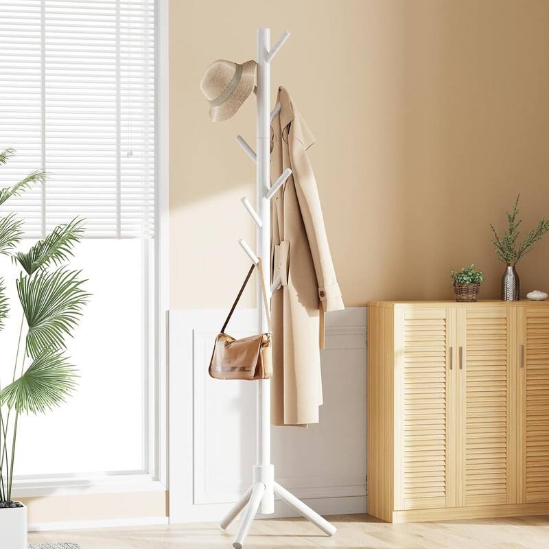 Sturdy Wooden Coat Tree with 8 Hooks, 3 Adjustable Sizes - ‎19.7"D x 19.7"W x 68.9"H - White