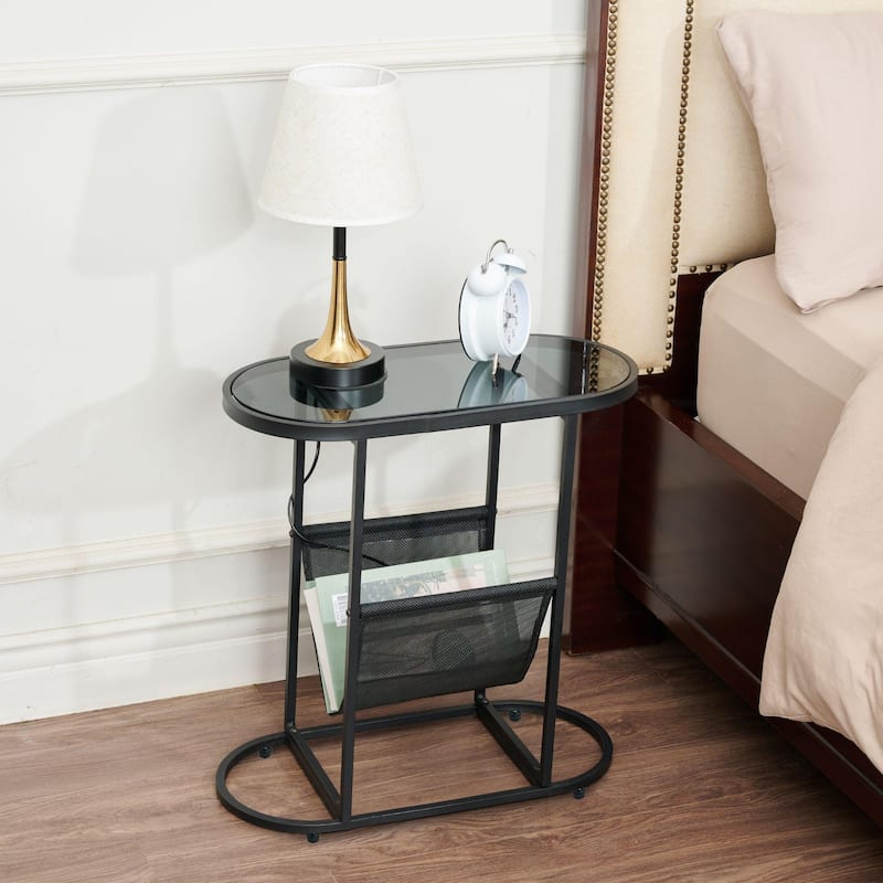 Oval Small Space Nightstand/End Table/Side Tables with Magazines Organizer Storage Space (Set of 2) - Black