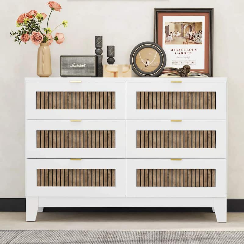 Rustic Farmhouse Style Wooden Dresser with 6 Drawers and Metal Handles