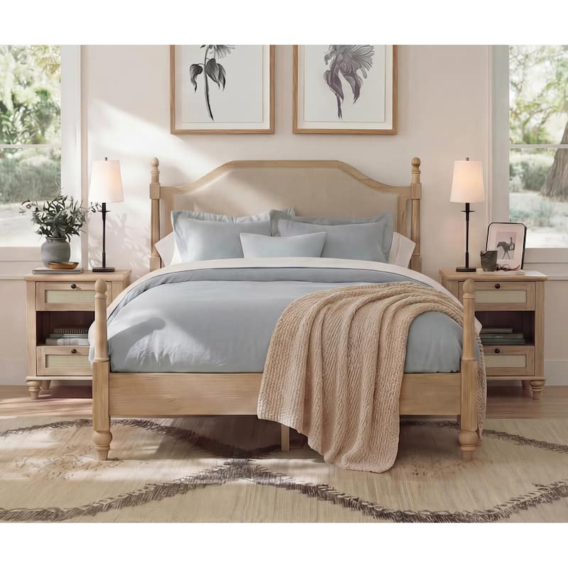 3 Piece Bedroom Set, Queen Size Bed Frame & Set of 2 Nightstands, Oak - A Bed Frame & 2 Rattan Nightstands (19.5")