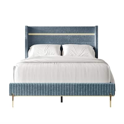 CraftPorch Corduroy 4-pieces Glam Light Blue Bed with Silver Furniture Bedroom Set
