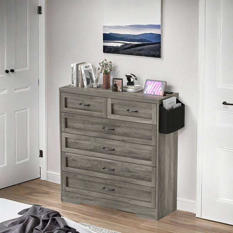 Vintage Double Dresser Chest of Drawers with Charging Station and Side Organizer Bag