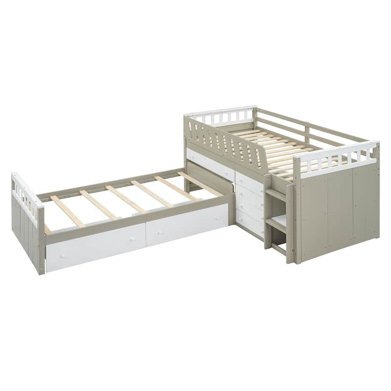L-shaped Space-Saving Twin Loft and Twin Platform Bed with 7 Drawers and Full Guardrails