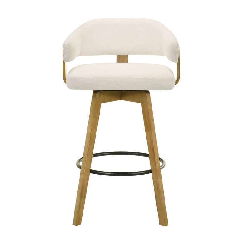 Callah Natural Wood Bar Stool, Counter Height Kitchen Stool in Amber Glow Finish with White Boucle Fabric Upholstered Seat