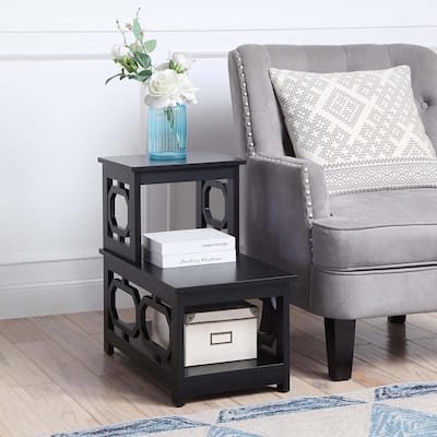 2 Step Chairside End Table with Contemporary L Shape Design, Three Tier Storage Shelves for Living Room or Home Office Use