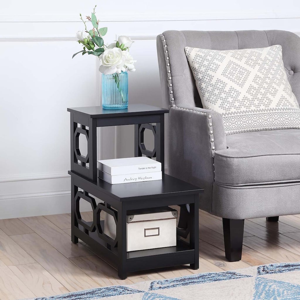 2 Step Chairside End Table with Contemporary L Shape Design, Three Tier Storage Shelves for Living Room or Home Office Use
