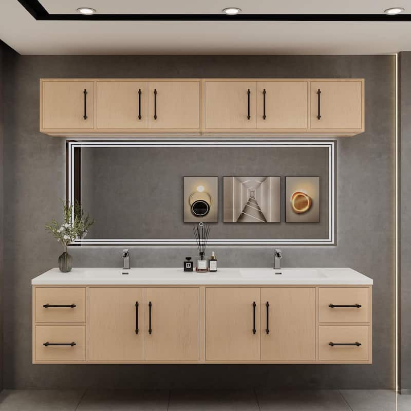 Victoria 84'' Wall-Mounted Double Sink Vanity Set with LED light Top Cabinet - 83.5 - Matte - Yellow Oak