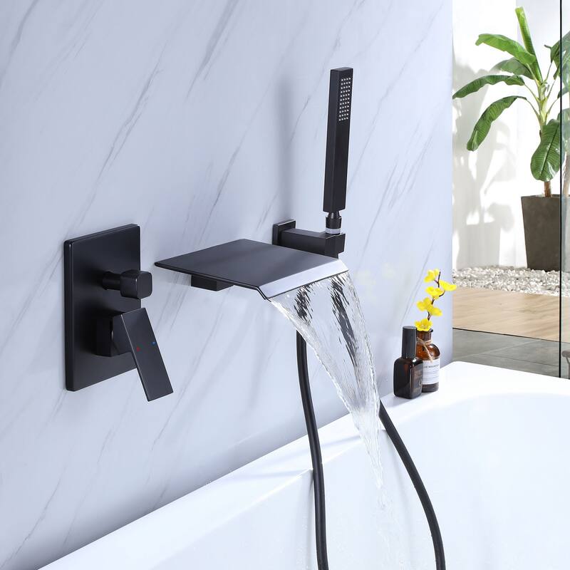 Wall Mounted Tub Faucet With Hand Shower Single Handle Bathroom Bathtub Faucets Modern Waterfall Tub Filler Trim Set 3 Holes
