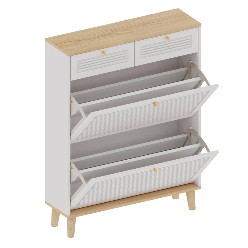 Shoe cabinet with 2 flip-up doors and 2 drawers,narrow shoe rack cabinet,freestanding shoe organizer,shoe organizer for - White