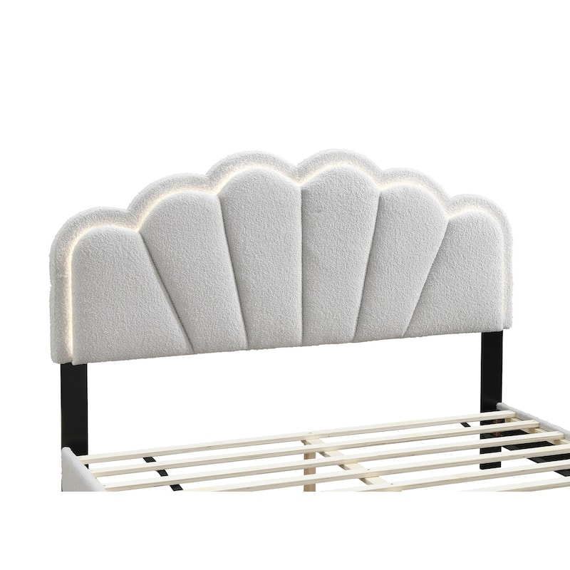 Queen Size Wool Upholstered Platform Bed with Floral Stitch Headboard and LED Lighting