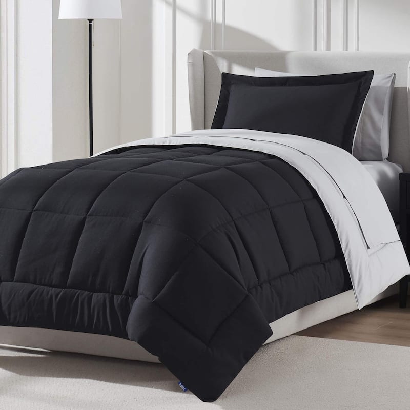 Emperyan Reversible Comforter Set Bed in a Bag with Cooling Pillow - Black/Twin - Twin