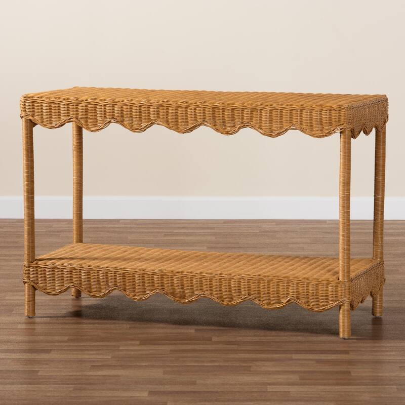 Oteria Bohemian Light Honey Scalloped Rattan Console Table