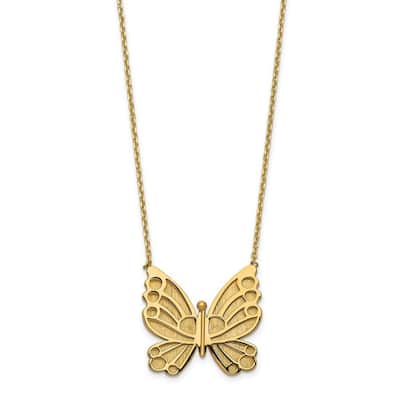 Curata 14k Yellow Gold Polished and Brushed 14.95mm Butterfly Necklace, 17+2"