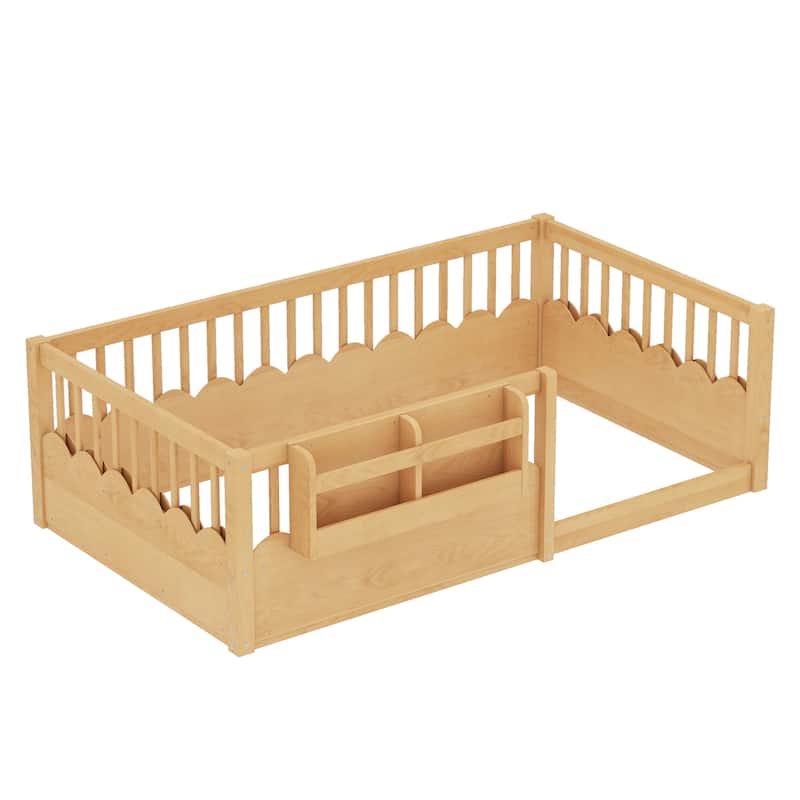 Montessori Floor Bed Kids Bed Frame with Heightened Fence and Bookshelf, Wavy Decoration Wood Platform Bed, No Slats Design