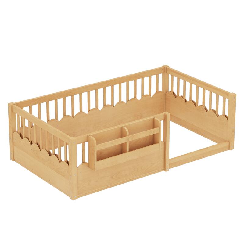 Queen/Full/Twin Floor Bed with Fence and Bookshelf, Wood Kids Floor Bed