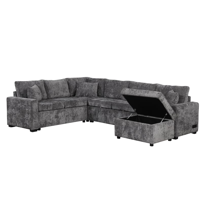 112.2" Sectional Sofa, Pull-out Sofa Bed Sleeper with Storage Ottoman,3 Pillows