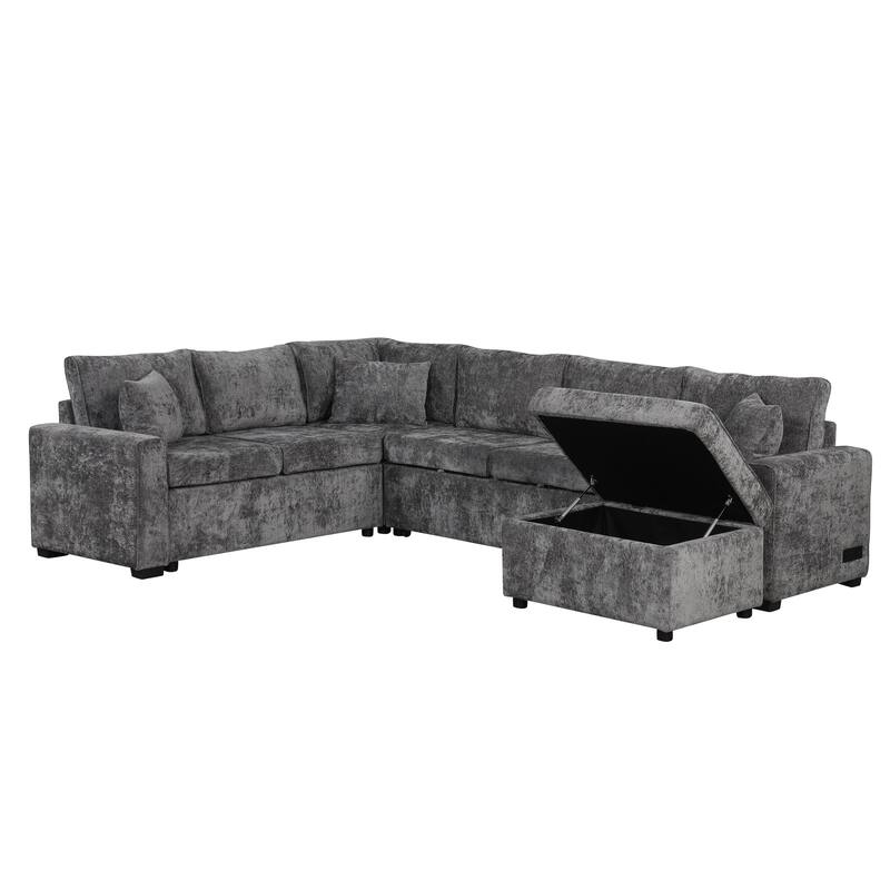 112.2" Sectional Sofa Pull-out Sofa Bed Sleeper with a Storage Ottoman,Three Pillows and Charging Devices for Living Room, Cream