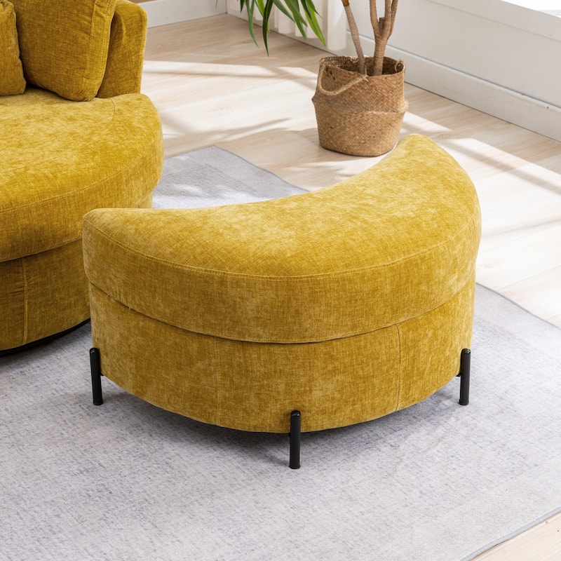 32.7" W Upholstered Half Moon Storage Ottoman Footrest Footstool - Mustard/Chenille
