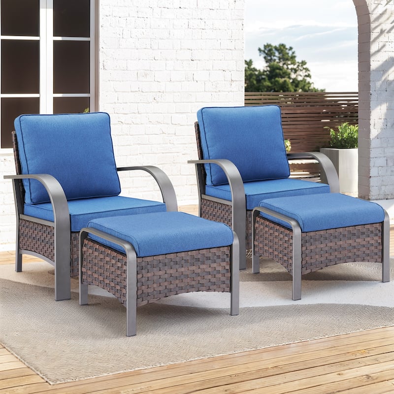 Pocassy Outdoor Patio Furniture Set - Brown Rattan - Blue Cushion - 4PCS Patio Chair with Ottoman