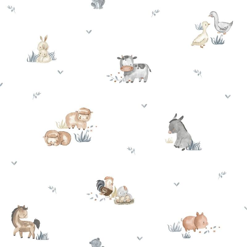 Galerie Wallcoverings Little Explorers 2 Farm Animals Non-woven Matte Wallpaper Roll - 33 feet x 21 inches - White