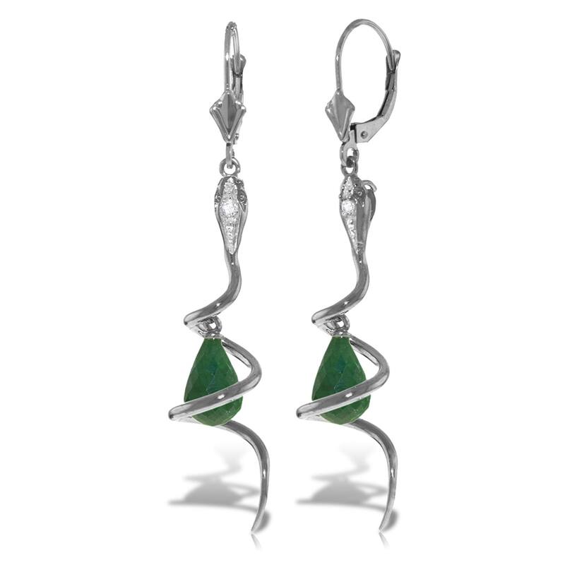 14K Solid Gold Snake Earrings w/ Green Dyed Sapphire & Diamonds - White
