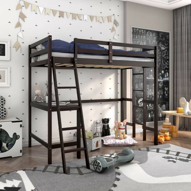 Twin Size Loft Bed Frame with Desk Angled and Built-in Ladder