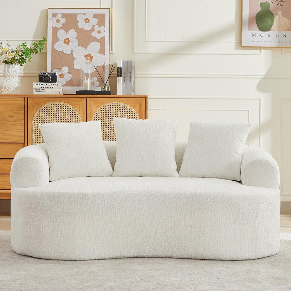 Curved Loveseat Beige 2-Seater Sofa Couch, Minimalist Sleeper Sofa Couch with Pillows for Living Room