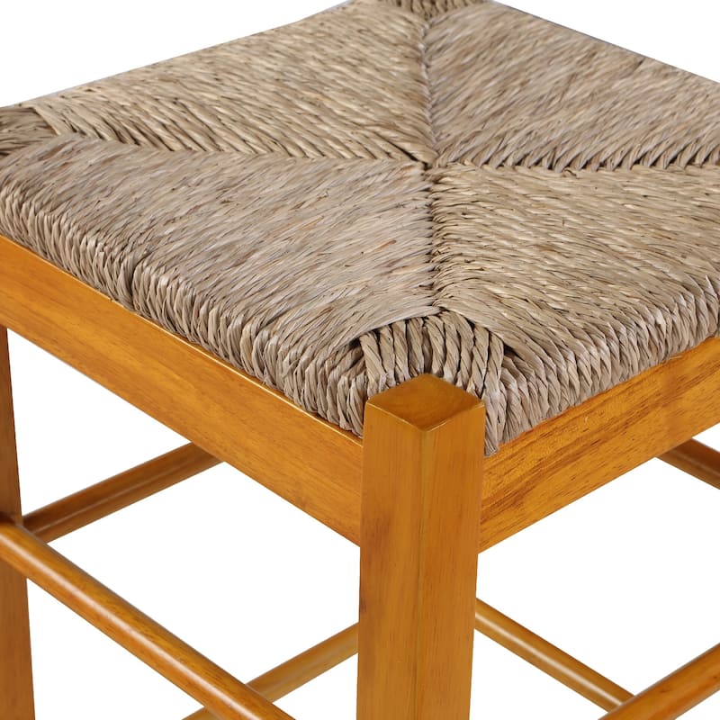 Chris 24 Inch Counter Stool with Wood Frame, Handwoven Rush Seat, Oak Brown